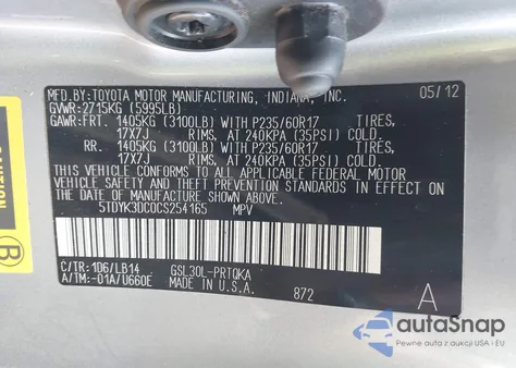 2012 Toyota Sienna Xle V6 8 Passenger из США, поврежденный, VIN 5TDYK3DC0CS254165